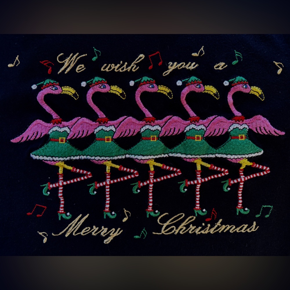 True Vintage Ugly Christmas Sweater 3/4 Sleeve Top Embroidered Flamingos - L XL
